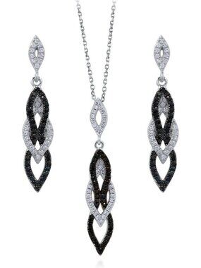 Elegant Black & White CZ Necklace & Earrings Set, Rhodium Plated Jewelry for